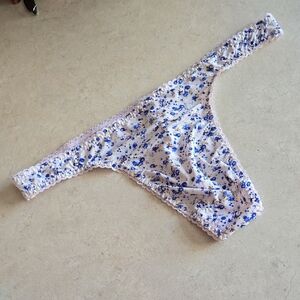 Floral Lace-Trim Thong Panty - White with Blue Floral Print